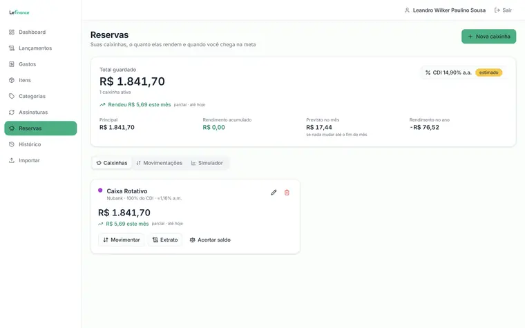 Dashboard do Lefinance: painel claro em verde com total do mês, balanço, valor guardado e gráfico de evolução anual.