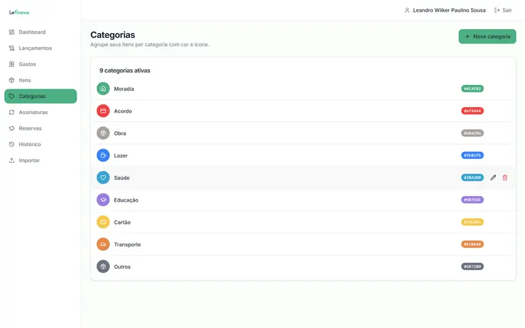 Dashboard do Lefinance: painel claro em verde com total do mês, balanço, valor guardado e gráfico de evolução anual.