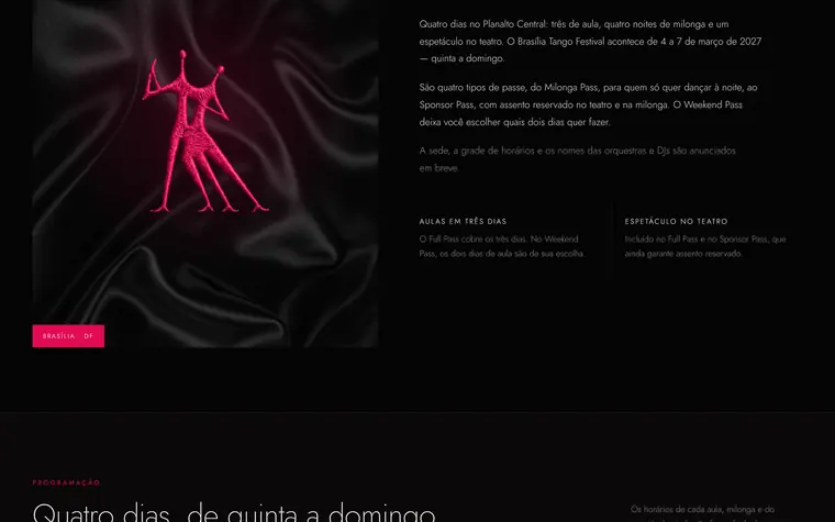 Home do Brasília Tango Festival: fundo preto, casal dançando em preto e branco e ilustração de bordado floral rosa.