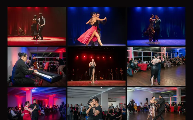 Home do Brasília Tango Festival: fundo preto, casal dançando em preto e branco e ilustração de bordado floral rosa.
