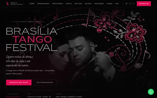 Home do Brasília Tango Festival: fundo preto, casal dançando em preto e branco e ilustração de bordado floral rosa.